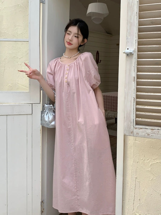 French gentle style pink dress for women 2024 new style loose and lazy style puff sleeve skirt