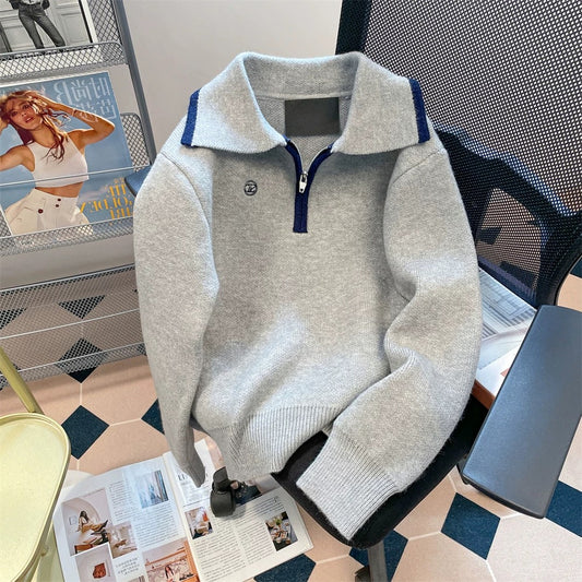 Unique design, color-blocked half-zip sweater, unisex, autumn/winter retro casual polo collar, off-shoulder knit top.