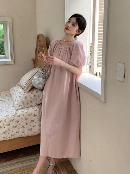 French gentle style pink dress for women 2024 new style loose and lazy style puff sleeve skirt