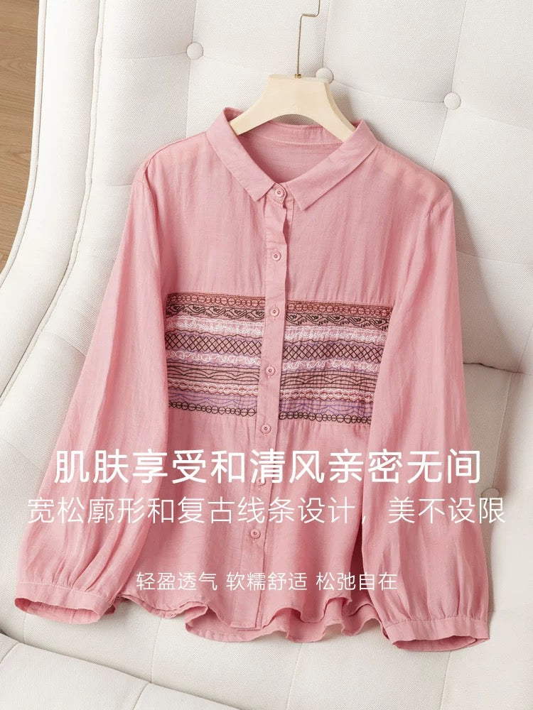 Literary embroidery long-sleeved shirt for women 2024 autumn new retro design lapel ramie shirt fashionable top