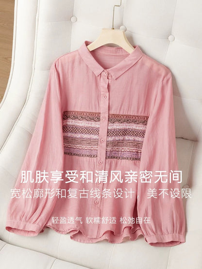 Literary embroidery long-sleeved shirt for women 2024 autumn new retro design lapel ramie shirt fashionable top