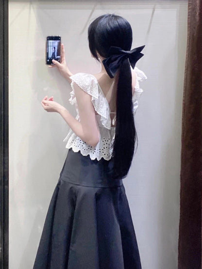 White French petty bourgeoisie vitality heavy hollow embroidery sleeveless small flying sleeve short small top female summer 3666099