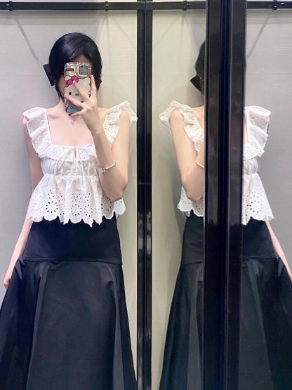 White French petty bourgeoisie vitality heavy hollow embroidery sleeveless small flying sleeve short small top female summer 3666099