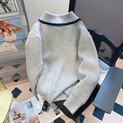 Unique design, color-blocked half-zip sweater, unisex, autumn/winter retro casual polo collar, off-shoulder knit top.