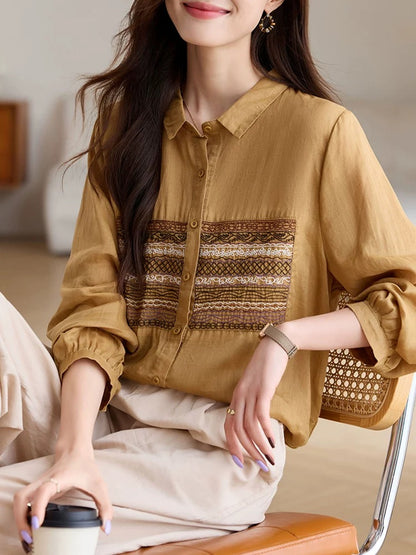 Literary embroidery long-sleeved shirt for women 2024 autumn new retro design lapel ramie shirt fashionable top