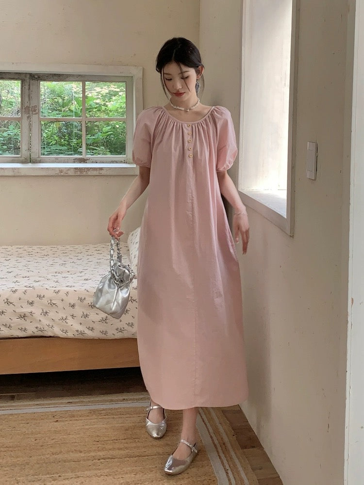 French gentle style pink dress for women 2024 new style loose and lazy style puff sleeve skirt