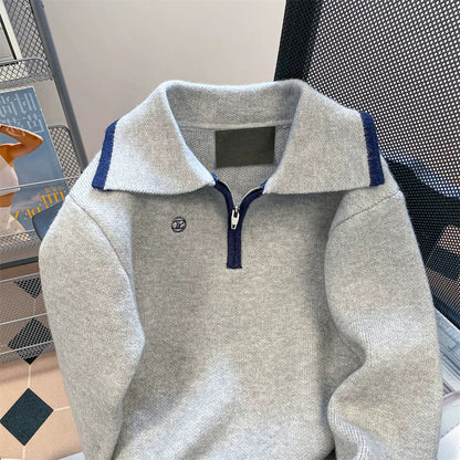 Unique design, color-blocked half-zip sweater, unisex, autumn/winter retro casual polo collar, off-shoulder knit top.