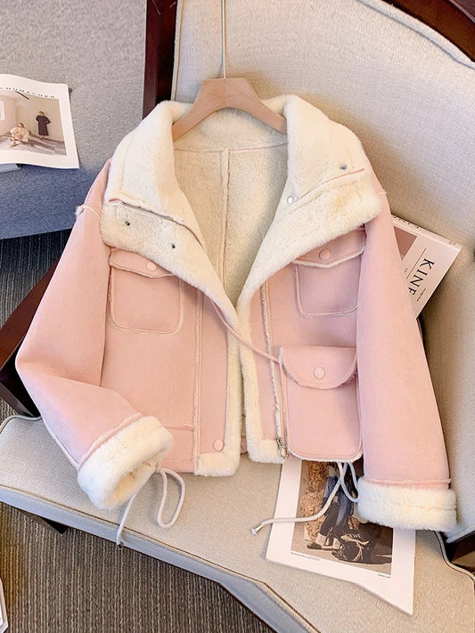 Pink fur all-in-one coat with velvet and thickening for women in winter 2024 new hot style this year's popular beautiful lamb velvet
