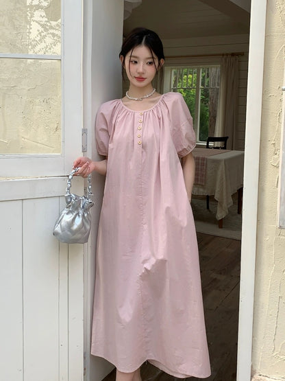French gentle style pink dress for women 2024 new style loose and lazy style puff sleeve skirt