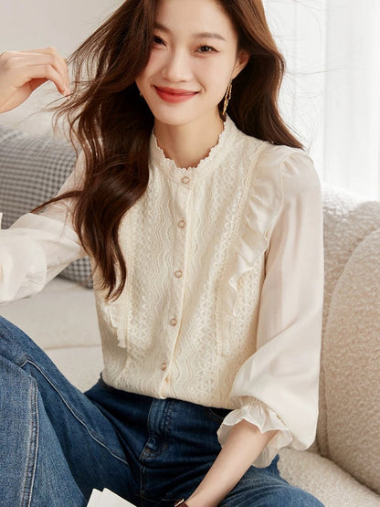 French style shirts for women 2024 autumn new high-end long-sleeved lace shirt tops and stylish shirts