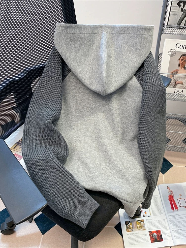 American retro style fleece-lined thickened raglan knit sweater for women, autumn and winter, lazy style, European style, street style, hooded sweater coat