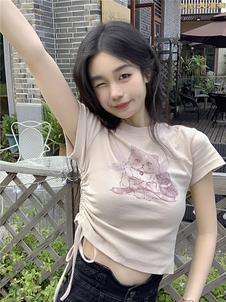 Chic right shoulder sweet hot girl cat short-sleeved T-shirt women's summer design niche slim short drawstring top ins