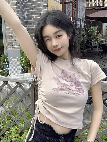 Chic right shoulder sweet hot girl cat short-sleeved T-shirt women's summer design niche slim short drawstring top ins