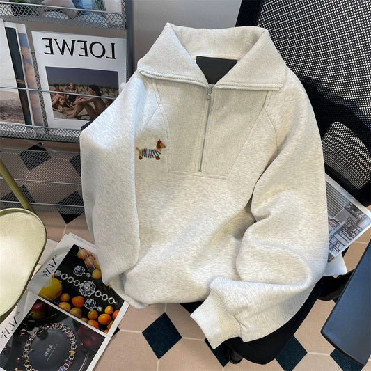 Korean style, cute half-zip collar sweatshirt, unisex, autumn/winter 2024 new popular fleece-lined polo shirt top