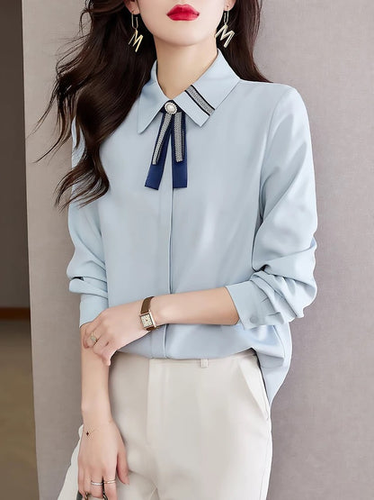 White shirt for women 2024 new autumn style temperament women's professional shirt long-sleeved chiffon top with small shirt inside