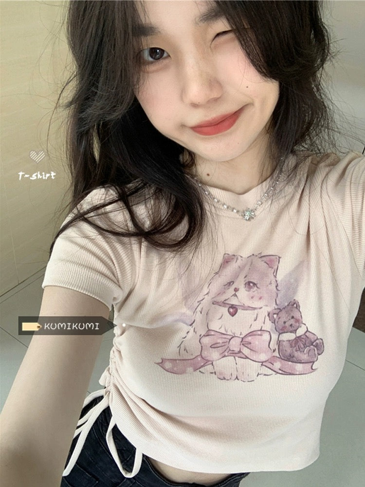 Chic right shoulder sweet hot girl cat short-sleeved T-shirt women's summer design niche slim short drawstring top ins