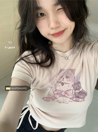 Chic right shoulder sweet hot girl cat short-sleeved T-shirt women's summer design niche slim short drawstring top ins