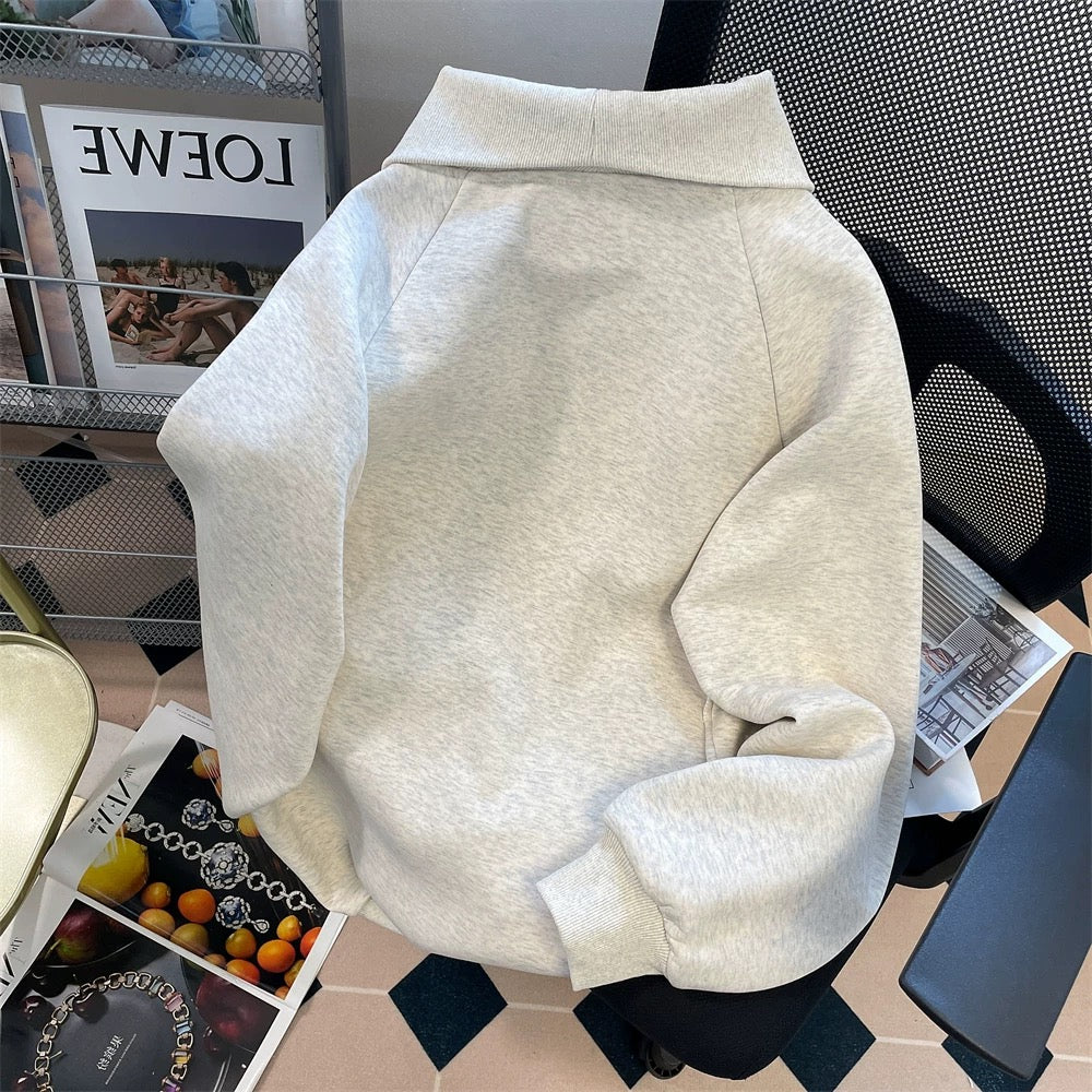 Korean style, cute half-zip collar sweatshirt, unisex, autumn/winter 2024 new popular fleece-lined polo shirt top