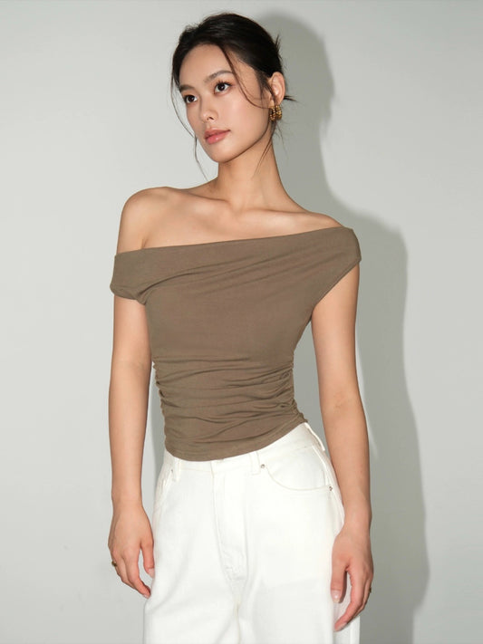 NEVA HU black one-shoulder top for women summer design short slim fit off-shoulder collarbone one-neck T-shirt