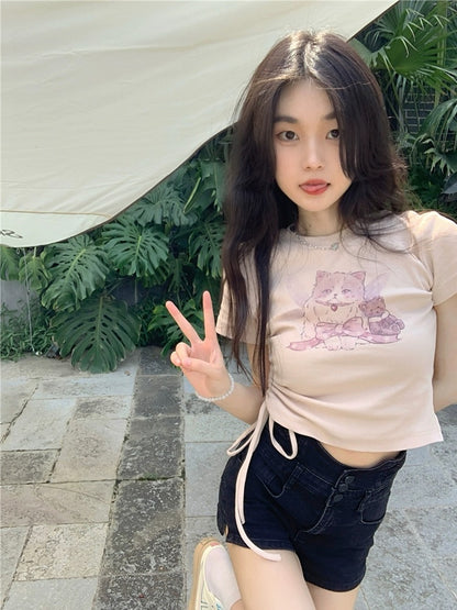 Chic right shoulder sweet hot girl cat short-sleeved T-shirt women's summer design niche slim short drawstring top ins