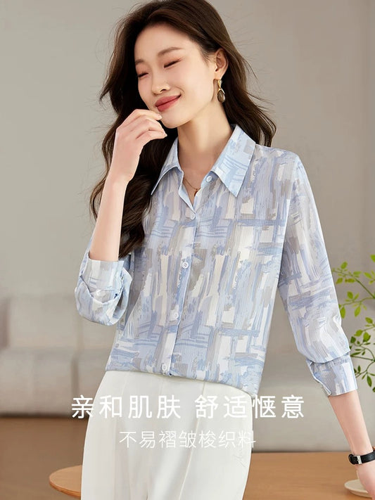 High-end chiffon blue shirt women's 2024 new autumn style chic long-sleeved shirt design top