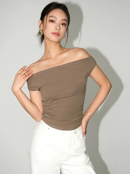 NEVA HU black one-shoulder top for women summer design short slim fit off-shoulder collarbone one-neck T-shirt