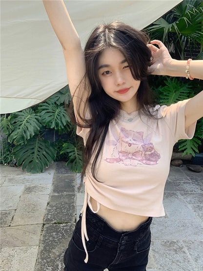 Chic right shoulder sweet hot girl cat short-sleeved T-shirt women's summer design niche slim short drawstring top ins