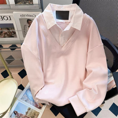 Korean style striped patchwork faux two-piece shirt/sweatshirt, unisex, autumn sweet, unique, pretty, youthful casual top.