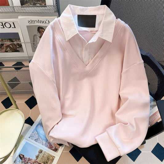 Korean style striped patchwork faux two-piece shirt/sweatshirt, unisex, autumn sweet, unique, pretty, youthful casual top.
