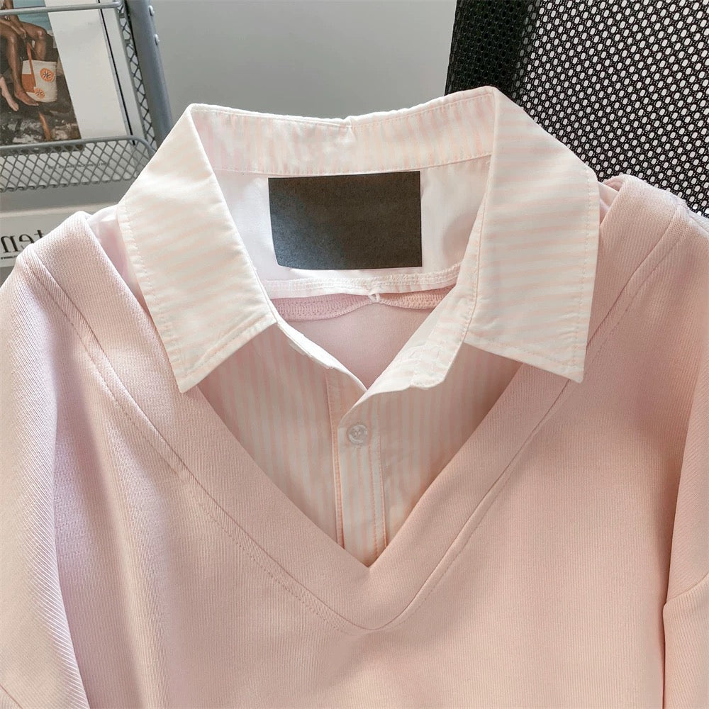 Korean style striped patchwork faux two-piece shirt/sweatshirt, unisex, autumn sweet, unique, pretty, youthful casual top.