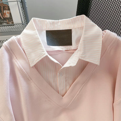 Korean style striped patchwork faux two-piece shirt/sweatshirt, unisex, autumn sweet, unique, pretty, youthful casual top.