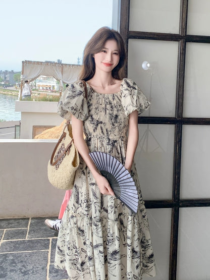 Coffee Break French Ink Floral Dress Women's 2024 New Style Gentle Wind Square Neck Waist Slim Skirt