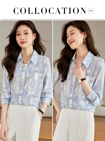 High-end chiffon blue shirt women's 2024 new autumn style chic long-sleeved shirt design top