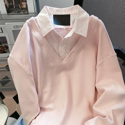 Korean style striped patchwork faux two-piece shirt/sweatshirt, unisex, autumn sweet, unique, pretty, youthful casual top.
