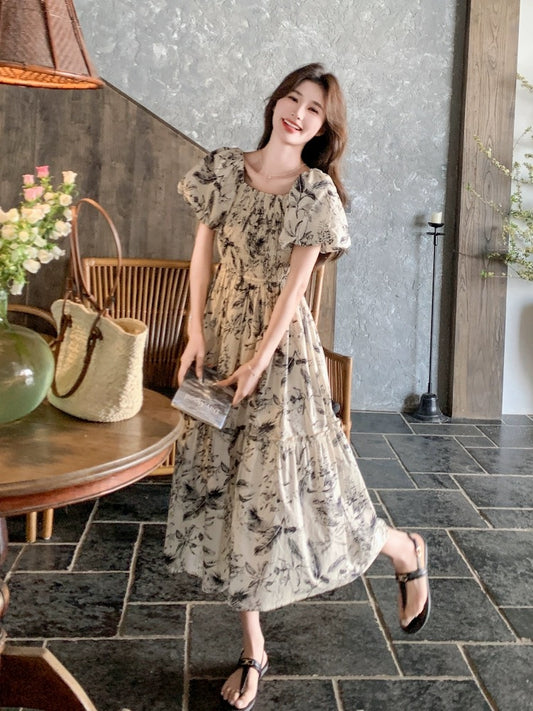 Coffee Break French Ink Floral Dress Women's 2024 New Style Gentle Wind Square Neck Waist Slim Skirt