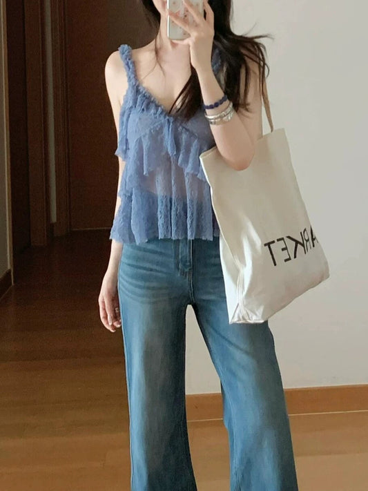 Summer Thai style unique exquisite beautiful blue lace V-neck ruffled small camisole top female 1058155