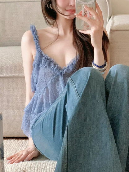 Summer Thai style unique exquisite beautiful blue lace V-neck ruffled small camisole top female 1058155