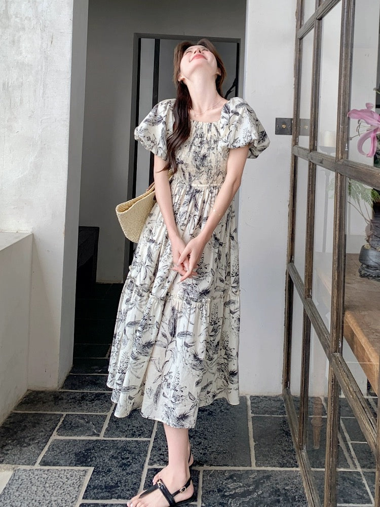 Coffee Break French Ink Floral Dress Women's 2024 New Style Gentle Wind Square Neck Waist Slim Skirt