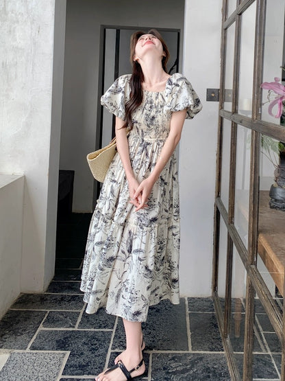 Coffee Break French Ink Floral Dress Women's 2024 New Style Gentle Wind Square Neck Waist Slim Skirt