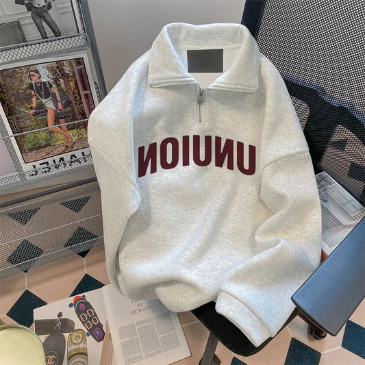 American-style letter print couple sweatshirt, unisex, loose-fitting, retro casual half-zip polo collar top for spring and autumn.