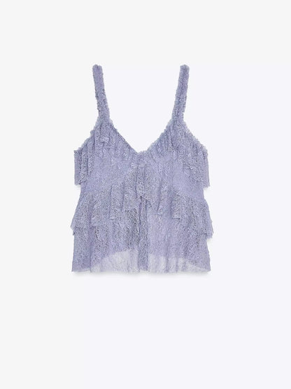 Summer Thai style unique exquisite beautiful blue lace V-neck ruffled small camisole top female 1058155