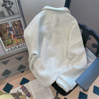 American-style letter print couple sweatshirt, unisex, loose-fitting, retro casual half-zip polo collar top for spring and autumn.