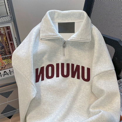 American-style letter print couple sweatshirt, unisex, loose-fitting, retro casual half-zip polo collar top for spring and autumn.
