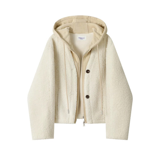 XinmonLee design niche hooded lamb wool women's coat thickened splicing fake two-piece top in autumn and winter