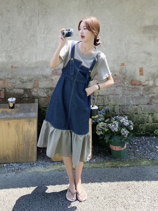 Fake two-piece denim suspender dress for women summer 2024 French retro design ruffled splicing fishtail skirt