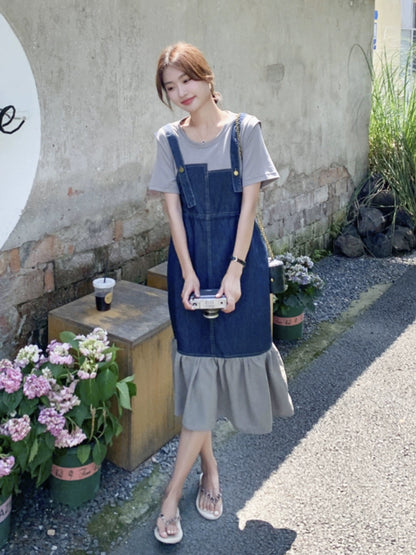 Fake two-piece denim suspender dress for women summer 2024 French retro design ruffled splicing fishtail skirt