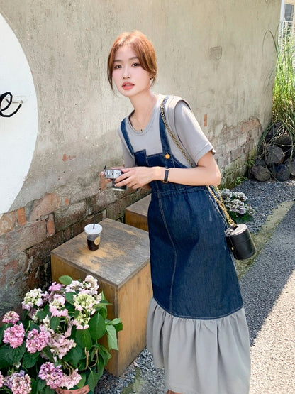 Fake two-piece denim suspender dress for women summer 2024 French retro design ruffled splicing fishtail skirt