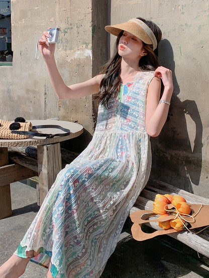 Floral suspender skirt stacked dress French bohemian forest style small fresh seaside resort atmosphere skirt