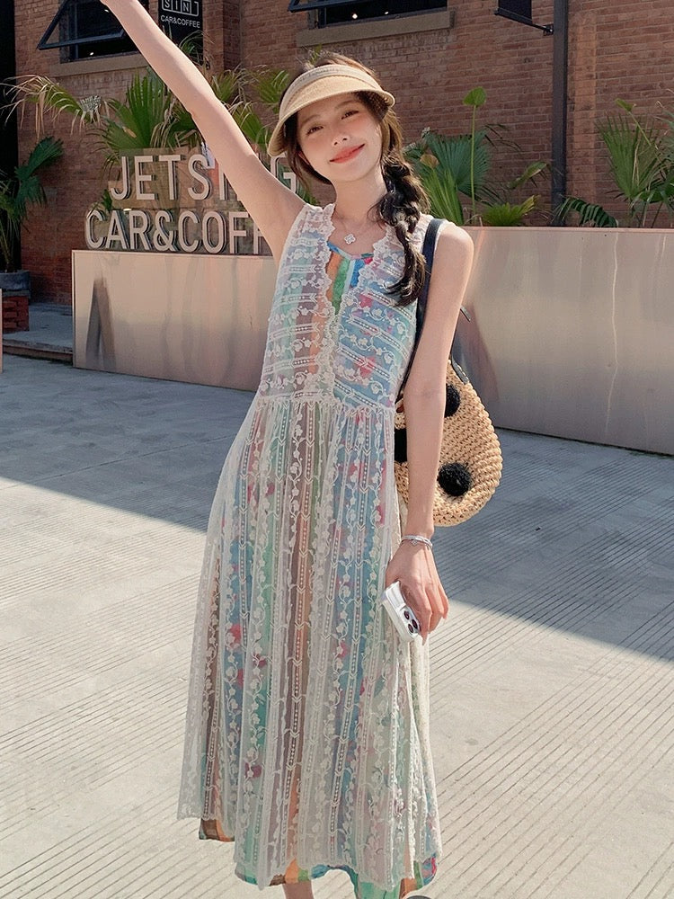Floral suspender skirt stacked dress French bohemian forest style small fresh seaside resort atmosphere skirt
