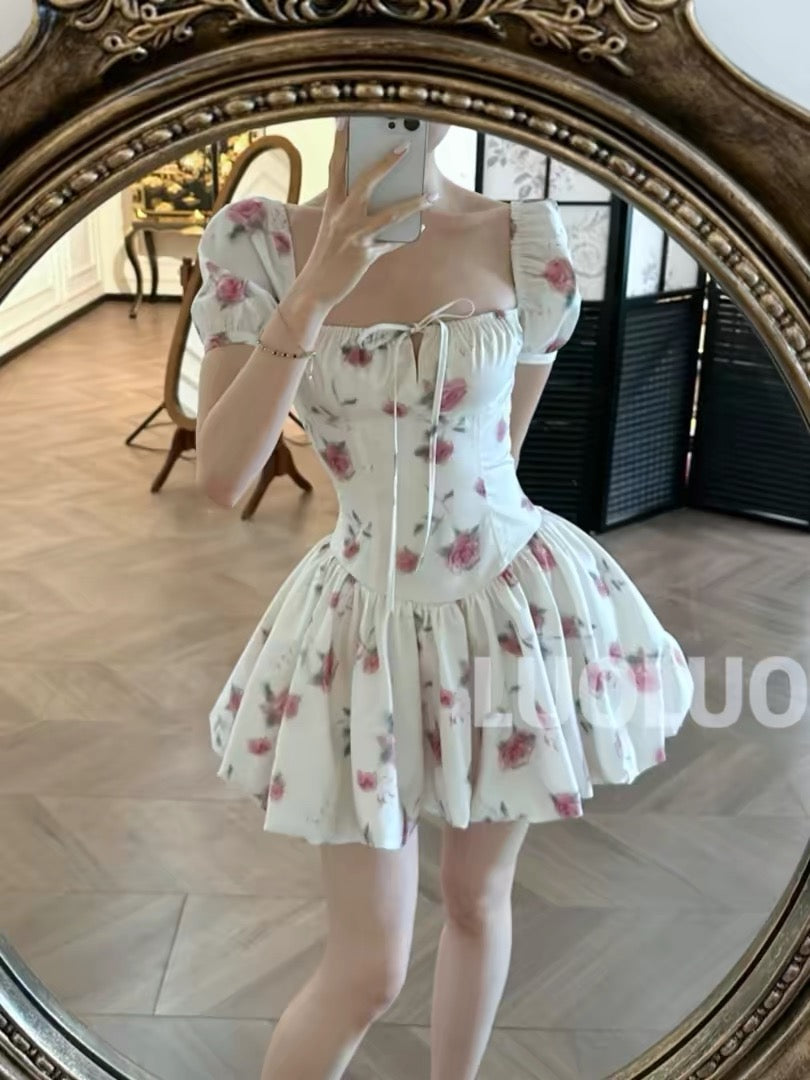 LUOLUOZ "Floral Silhouette" French-style square-neck, waist-cinching, puff-sleeve mini dress (JF1521)